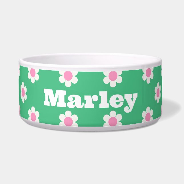 Monogram Retro Madeliefjes Patroon Roze & Groen Op Voerbakje (Voorkant)