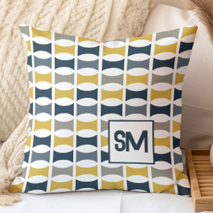 Monogram Retro Midden Eeuw Geometrisch Navy, Moste Kussen
