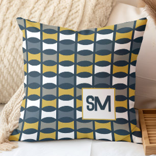 Monogram Retro Midden Eeuw Geometrisch Navy, Moste Kussen