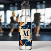 Monogram retro mideeuw blauwgroen madeliefjes waterfles 