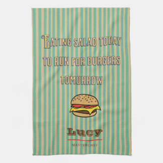 Monogram  retro patroon met leuke hamburger theedoek