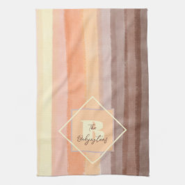 Monogram retro strepen herfst geel sinaasappel bru theedoek