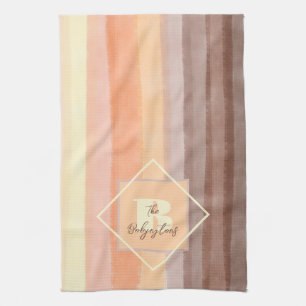Monogram retro strepen herfst geel sinaasappel bru theedoek
