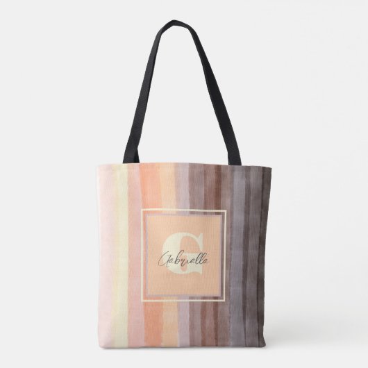 Monogram retro sunset stripe boho waterverf ombre tote bag (Achterkant)
