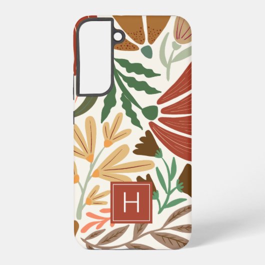 Monogram Retro Terracotta Floral Boho Samsung Galaxy Hoesje (Achterkant)