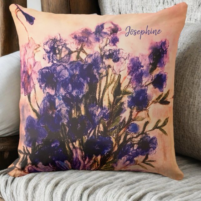 Monogram  retro wildflower blauwe bloemennaam kussen (Creator heeft geüpload)