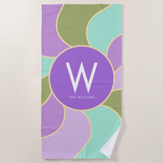 Monogram Retro Zonnegolven Paarse & Groen Strandlaken (Voorkant)