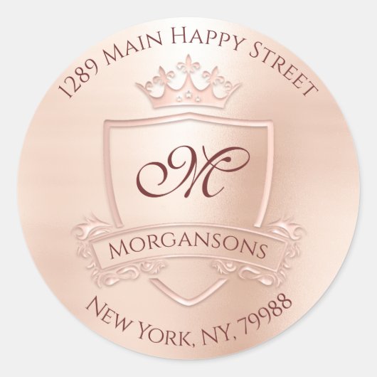 Monogram Return Address Crown Royal Blush Rosse Ronde Sticker (Voorkant)