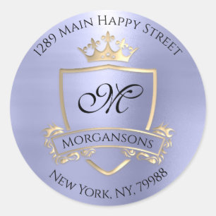 Monogram Return Address Crown Royal Gold Blue Ronde Sticker
