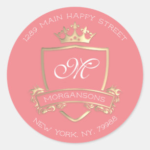 Monogram Return Address Crown Royal Gold Coral Ronde Sticker