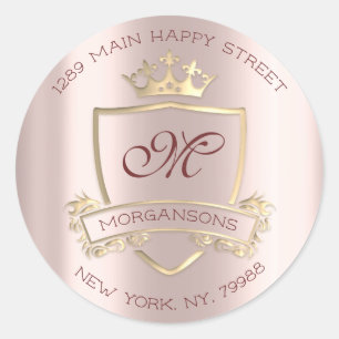 Monogram Return Address Crown Royal Gold Pink Rose Ronde Sticker