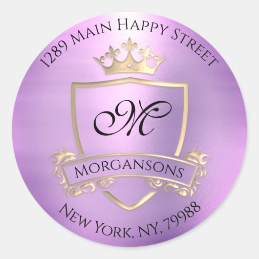 Monogram Return Address Crown Royal Gold Violet Ronde Sticker (Voorkant)