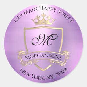 Monogram Return Address Crown Royal Gold Violet Ronde Sticker