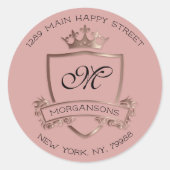 Monogram Return Address Crown Royal Roos Pink Ronde Sticker (Voorkant)