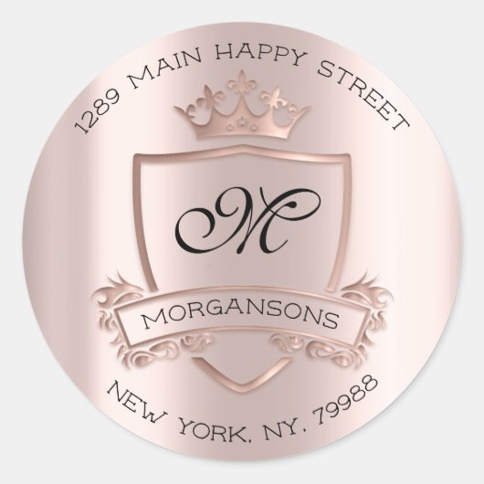Monogram Return Address Crown Royal Roos Wedding Ronde Sticker (Voorkant)