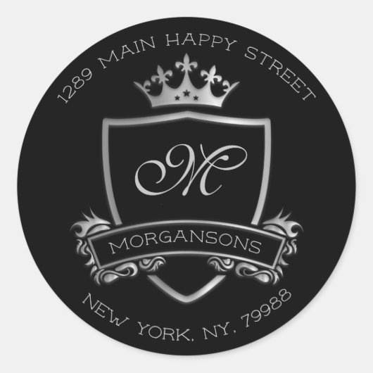 Monogram Return Address Crown Royal Silver Black Ronde Sticker (Voorkant)