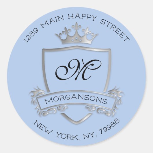 Monogram Return Address Crown Royal Silver Blue Ronde Sticker (Voorkant)