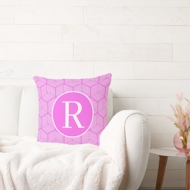 Monogram RF Classic Serif roze gestreepte blokjes Kussen (Bank)