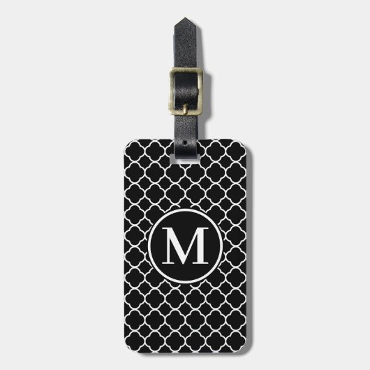 Monogram RF zwarte Classic Serif Quatrefoil Bagagelabel (Voorkant verticaal)