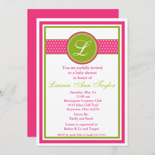 Monogram Ribbon Baby shower Uitnodiging (Voorkant / Achterkant)