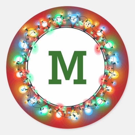 Monogram Ring van kerstlampen Ronde Sticker (Voorkant)