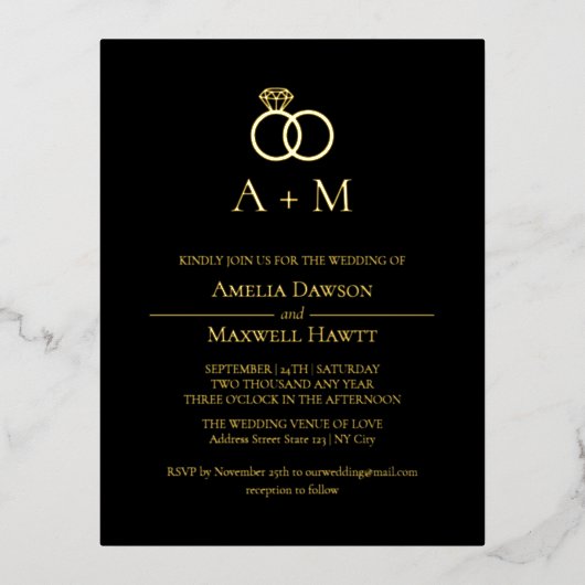 Monogram Ringen Eenvoudige Huwelijksuitnodiging Folie Uitnodiging Briefkaart (Voorkant)