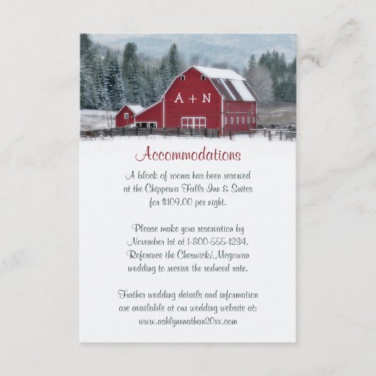 Monogram Rode Barn in Winter Wedding Enclosure Car Informatiekaartje (Voorkant)