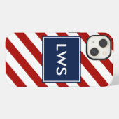 Monogram rode blauwe diagonale strepen iPhone hoesje (Achterkant horizontaal)