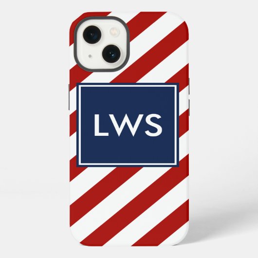 Monogram rode blauwe diagonale strepen iPhone hoesje (Achterkant)