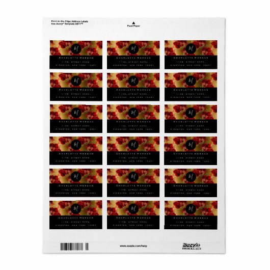 Monogram Rode Bloem Rozen Sparkly Goud RSVP Etiket (Full Sheet)