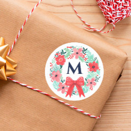 Monogram Rode Boog Bloemenkrans Kerstmis Ronde Sticker
