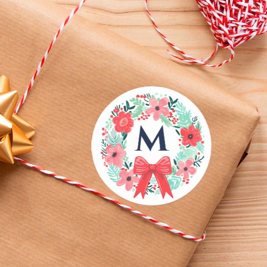 Monogram Rode Boog Bloemenkrans Kerstmis Ronde Sticker
