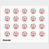 Monogram Rode Boog Bloemenkrans Kerstmis Ronde Sticker (Vel)
