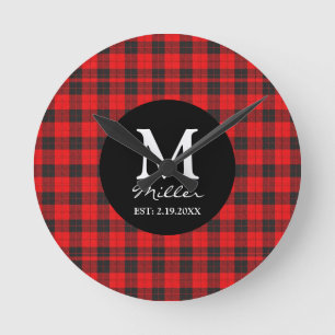 Monogram Rode Buffalo Plaid Ronde Wandklok