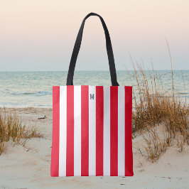 Monogram rode Cabana Stripe & gepersonaliseerde ma Tote Bag