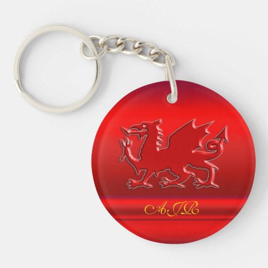 Monogram, rode draak op rood metallisch effect sleutelhanger (Voorkant)