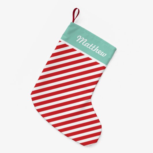 Monogram rode en Aqua Holiday Stripes Kleine Kerstsok (Voorkant (Hangend))