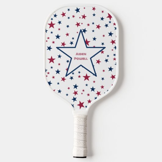 Monogram rode en blauwe sterren en naam pickleball paddle (Achterkant)