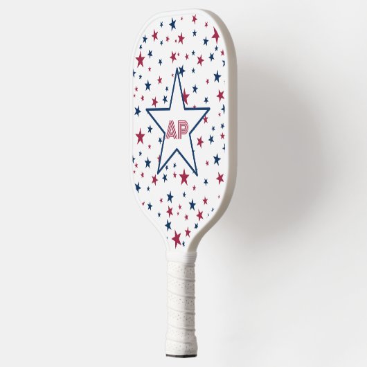 Monogram rode en blauwe sterren en naam pickleball paddle (Links)
