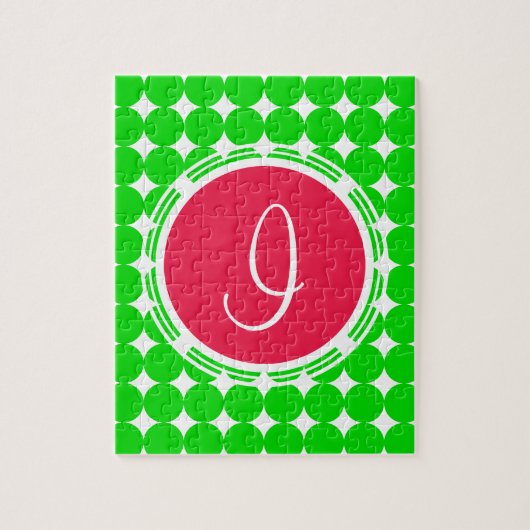 Monogram rode en groene pokadot legpuzzel (Verticaal)