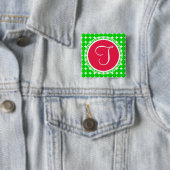 Monogram rode en groene pokadot vierkante button 5,1 cm (In situ)