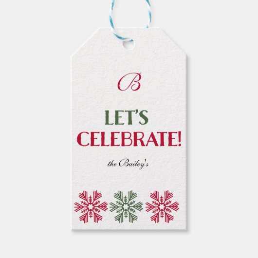 Monogram rode en groene sneeuwvlokken cadeaulabel (Voorkant)