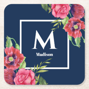 Monogram Rode en Roze Bloemen Donker Marineblauw Kartonnen Onderzetters
