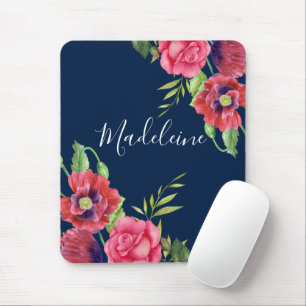 Monogram Rode en Roze Bloemen Donker Marineblauw Muismat