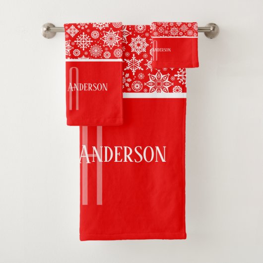 MONOGRAM RODE EN WITTE CHRISTAMS SNOWFLAKE BAD HANDDOEK (Insitu)