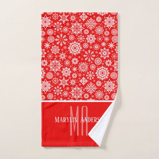 MONOGRAM RODE EN WITTE CHRISTAMS SNOWFLAKE BAD HANDDOEK (Handdoek)