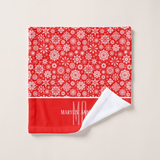 MONOGRAM RODE EN WITTE CHRISTAMS SNOWFLAKE BAD HANDDOEK (Wasdoekje)