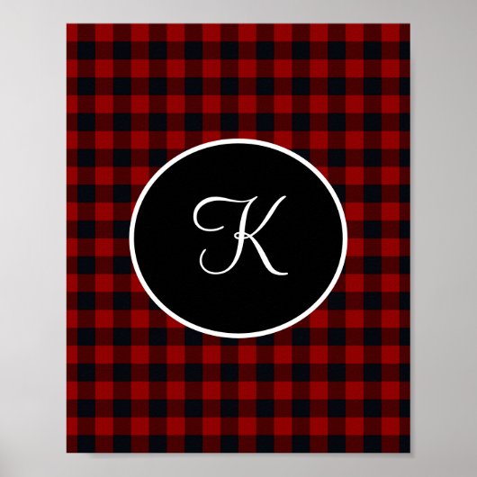 Monogram Rode en Zwarte Buffalo Plaid Faux  Poster (Voorkant)