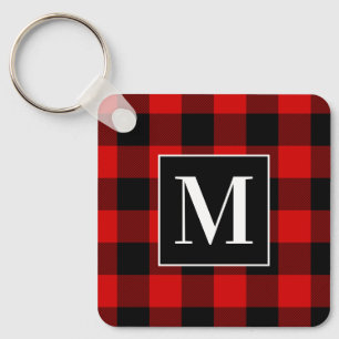 Monogram Rode en Zwarte Buffalo Plaid Sleutelhanger