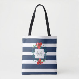 Monogram rode Floral Blue en White Stripes Tote Bag